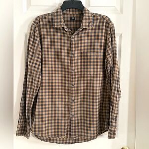 Uniqlo Mens Plaid Flannel Button‎ Down Shirt Tan Navy Blue Size M